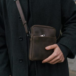 Small Leather Crossbody Bag for Men – Dark Brown Compact Minimal Messenger Shoulder Bag