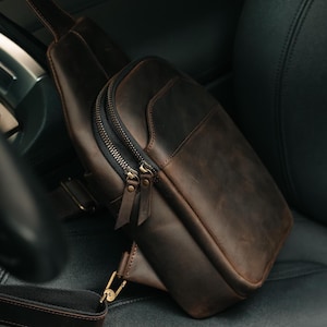 Brown Leather Sling Bag for Men, Chest Crossbody, Small Shoulder Bag, Ergonomic Travel Purse, Gift for Him or Husband