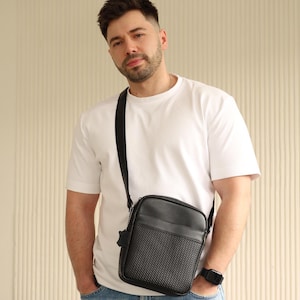 Borsa a tracolla in pelle nera, borsa a tracolla, borsa a tracolla da città per uomo, borsa a tracolla in vera pelle, regalo di anniversario