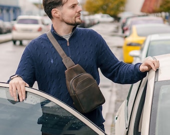 Handmade Black Leather Sling Bag, Mens Crossbody Chest Bag, Personalized Gift