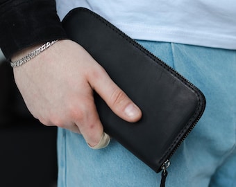 Cartera de abrigo, cartera de pulsera para teléfono, billetera negra larga para hombres, billetera de cuero con cremallera para hombres, cartera de mano para hombres, idea de regalo para novio o esposo