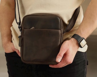 Small Crossbody Bag for Men: Genuine Leather Shoulder Messenger Purse with Personalization | Gift for Him