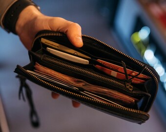 Men clutch, coat wallet, wristlet wallet for phone, long black wallet for men, zip leather wallet men, dad or brother Bday gift idea
