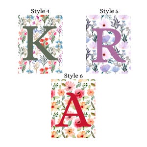 May include: Three different floral patterns with letters K, R, and A in different colors. The letters are in a bold font and are centered on the patterns. The patterns are all different, but they all have a floral theme. The text above each pattern reads "Style 4", "Style 5", and "Style 6".