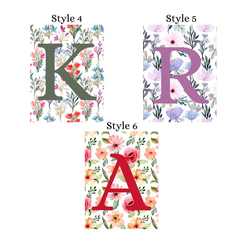 May include: Three different floral patterns with letters K, R, and A in different colors. The letters are in a bold font and are centered on the patterns. The patterns are all different, but they all have a floral theme. The text above each pattern reads "Style 4", "Style 5", and "Style 6".