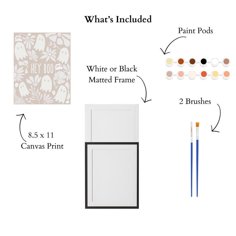 May include: A Halloween-themed art kit includes an 8.5 x 11 inch canvas print with ghosts and the text "HEY BOO", paint pods, two brushes, and a white or black matted frame. The kit provides all the necessary materials for creating artwork.