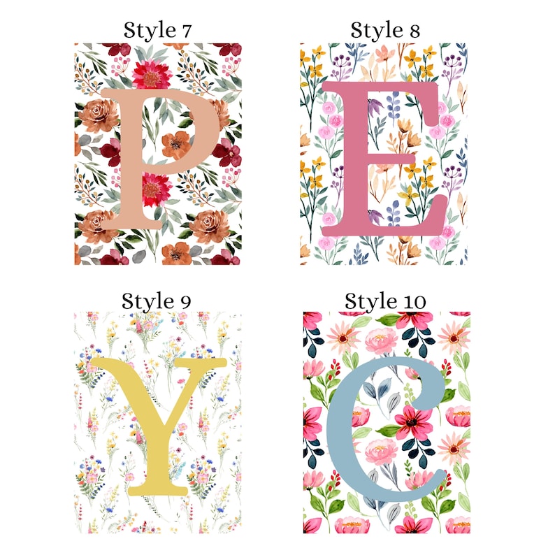 May include: Four different styles of floral patterned alphabet letters. The letters are P, E, Y, and C. Each letter is a different color and is on a different floral pattern background.