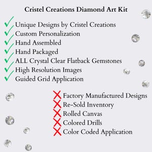 May include: A list of pros and cons for a diamond art kit. The pros include unique designs, custom personalization, hand assembled, hand packaged, all crystal clear flatback gemstones, high resolution images, and guided grid application. The cons include factory manufactured designs, re-sold inventory, rolled canvas, colored drills, and color coded application.