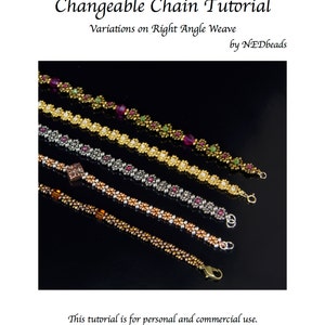 May include: Four beaded bracelets in different colors, including gold, silver, and copper, with small red and green beads. The bracelets are arranged in a row on a black background. The text "Changeable Chain Tutorial" is at the top of the image.