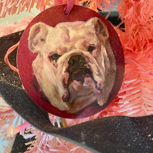 Pink Bulldog Wooden ornament gift -pink Xmas art, White English Bulldog ornament, 2D Flat white bulldog ornament,  bulldog mascot ornament