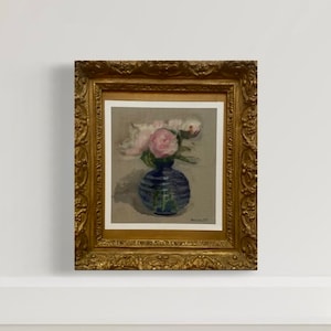 Stampa di bouquet floreale di peonie rosa in vaso blu n. 4 / STAMPA botanica vintage a olio originale SENZA CORNICE - Stampa floreale di campagna francese - fattoria moderna