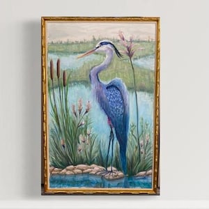 Blue Heron FINE ART oil painting GICLEE Print |Costal Wall Decor marsh painting | Egret bird oil painting, low country, grand millennial art