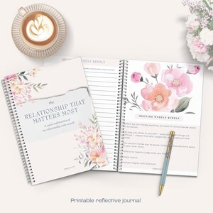 May include: A spiral-bound journal titled "The Relationship That Matters Most" with floral accents and the text "Meeting Myself Kindly." A cup of coffee and a pen are also visible.