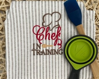 Child&#39;s Apron -Light Brown and Beige Ticking Stripes with Embroidery