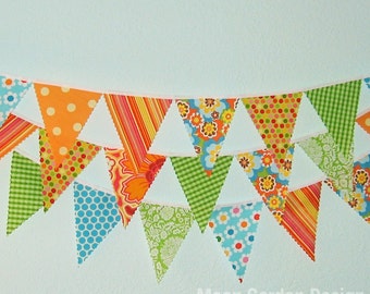 Mini pennant fabric banner - bunting in blue, green and orange- childrens decor, party decor or photo prop PARTY TIME