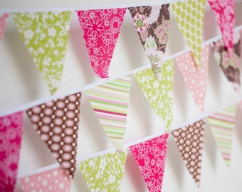 Mini pennant fabric banner -Pink, Brown, Green- childrens decor, party decor or photo prop