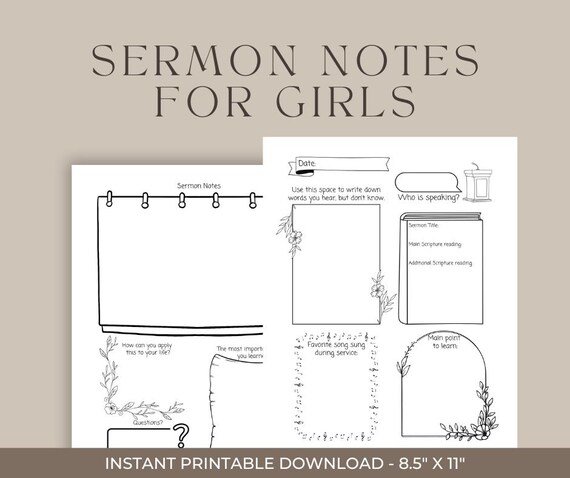 Sermon Notes for Girls | Church Journal Printable | 8.5x11 Digital Download | Christian Note-Taking for Kids | Bible Study Journal
