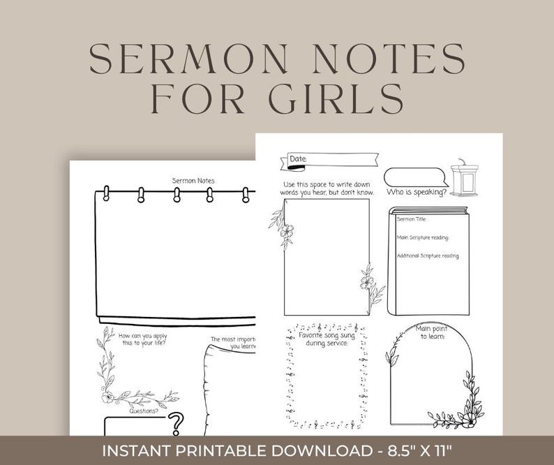 May include: Printable sermon notes template for taking notes during church services. The template includes sections for the date, sermon title, main scripture reading, additional scripture reading, who is speaking, how to apply the sermon to your life, the most important things you learned, favorite song sung during service, and main points to learn. The template also includes space for questions.