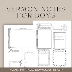 May include: Printable sermon notes for boys, featuring a black and white design with a scroll, a microphone, a music staff, and a speech bubble. The notes include sections for the date, sermon title, main scripture reading, additional scripture reading, who is speaking, how to apply the sermon to your life, the most important thing you learned, favorite song sung during service, and main point to learn. The printable is 8.5 inches by 11 inches.