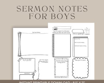 Sermon Notes for Boys | Church Journal Printable | 8.5x11 Digital Download | Christian Note-Taking for Kids | Bible Study Journal
