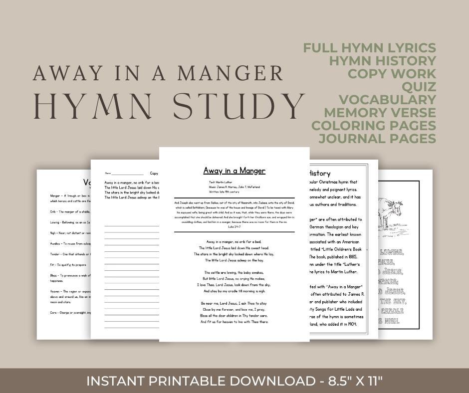 Away in a Manger Hymn Study | 80 Page Printable | Christmas Hymn Lesson ...