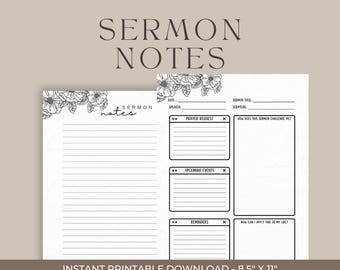 Printable Sermon Notes Journal | 2-Page Digital Download | Church Notes with Scripture, Prayer Requests & Application | Floral Design