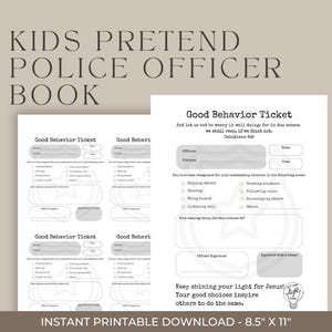May include: Printable black and white "Good Behaviour Ticket" forms for children. The forms have sections for the officer's name, date, and time. The form also includes a list of good behaviours, such as helping others, sharing, and following rules. The text "Keep shining your light for Jesus! Your good choices inspire others to do the same." is at the bottom of the page.