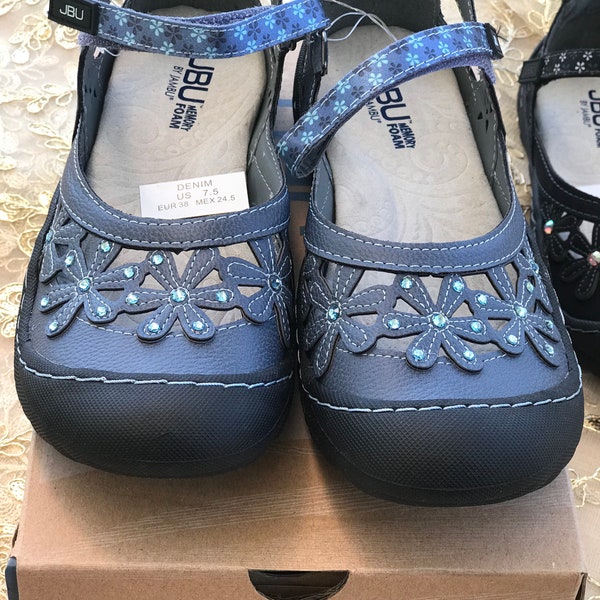 Swarovki floral embellished bedazzled Mary Jane 7.5 Synthetic Vegan Denim Blue Memory foam rubber sole womens shoes