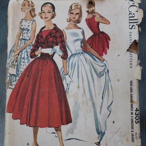 Vintage 1950s 1957 McCall&#39;s 4305 Party Below the Knee or Full Length Dress with Jacket Pattern, so Grace Kelly
