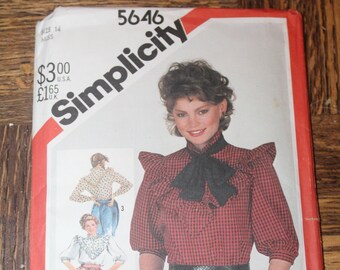 Simplicity 5646 Vintage 1982 1980s Prairie Style Pullover Yoked Ruffled Blouse and Tie Pattern FF