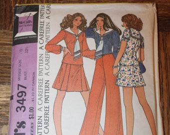 Vintage 1970s 1973 McCall's 3497 Sailor Collared Two-Piece Dress (Skirt with Top), Pullover Top, & Below Waistline Bell Bottom Pants Pattern