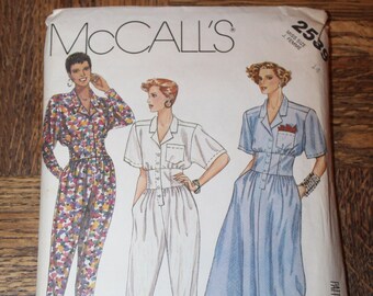 Vintage 1980s 1986 McCall's 2539 Front Buttoned Jumpsuit with Tapered Legs and Dress with Full Skirt Pattern