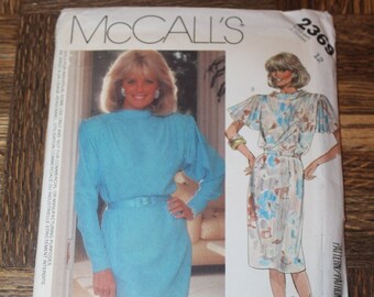 Vintage 1980s 1986 McCall's 2369 Dynasty Collections Linda Evans Blouson Bodice Dress with Long Tapered or Short Flared Sleeves Pattern FF