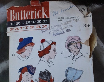 Vintage 1950 Butterick 5483 Girls' Caps and Bonnet Hat Patterns including Beanie Cap, Tam with Ear Flaps, Scottie Cap, Sailor Hat and More