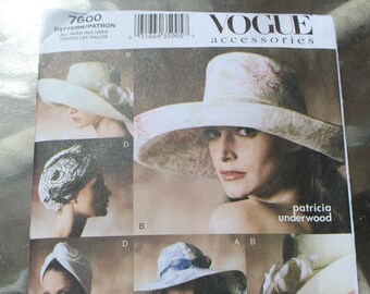 Vogue 7600 Patricia Underwood Hatmaking Millinery Accessory Sun Hats, Sun Scarf and Turban Pattern FF