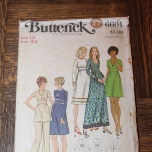 Vintage 1960s 1970s Butterick 6601 Maxie, Mini, Above and Below Knee Length Hippie Dress, Tunic, and Straight-legged Pants Pattern FF
