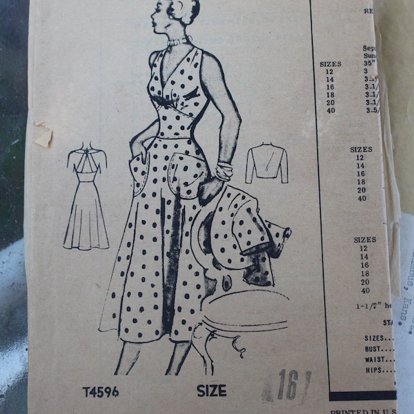 Vintage 1940s 1950s Anne Adams T4596 4596 Halter Top Sundress with Racerback Style Back Straps and Bolero Pattern
