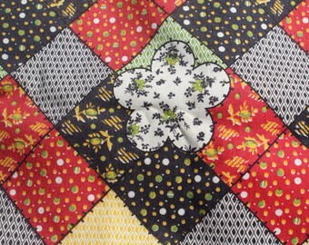 Vintage 1970s Colorful Flowers and Squares in Calico Prints with Geometric and Floral Designs Cheater Quilt Fabric