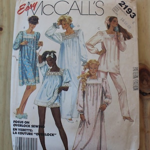 May include: A McCall's 2193 sewing pattern envelope featuring illustrations of five different nightgowns and pajama sets in sizes 14-16-18. The cover displays various styles of sleepwear with long sleeves, lace trim, and floral patterns, along with the text Focus on Overlock Sewing.