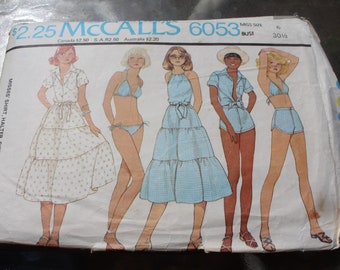 Vintage 1970s 1978 McCall's 6053 Shirt, Halter Top, Tiered Ruffled Skirt, Short Shorts, and Side Tie Bikini Pattern