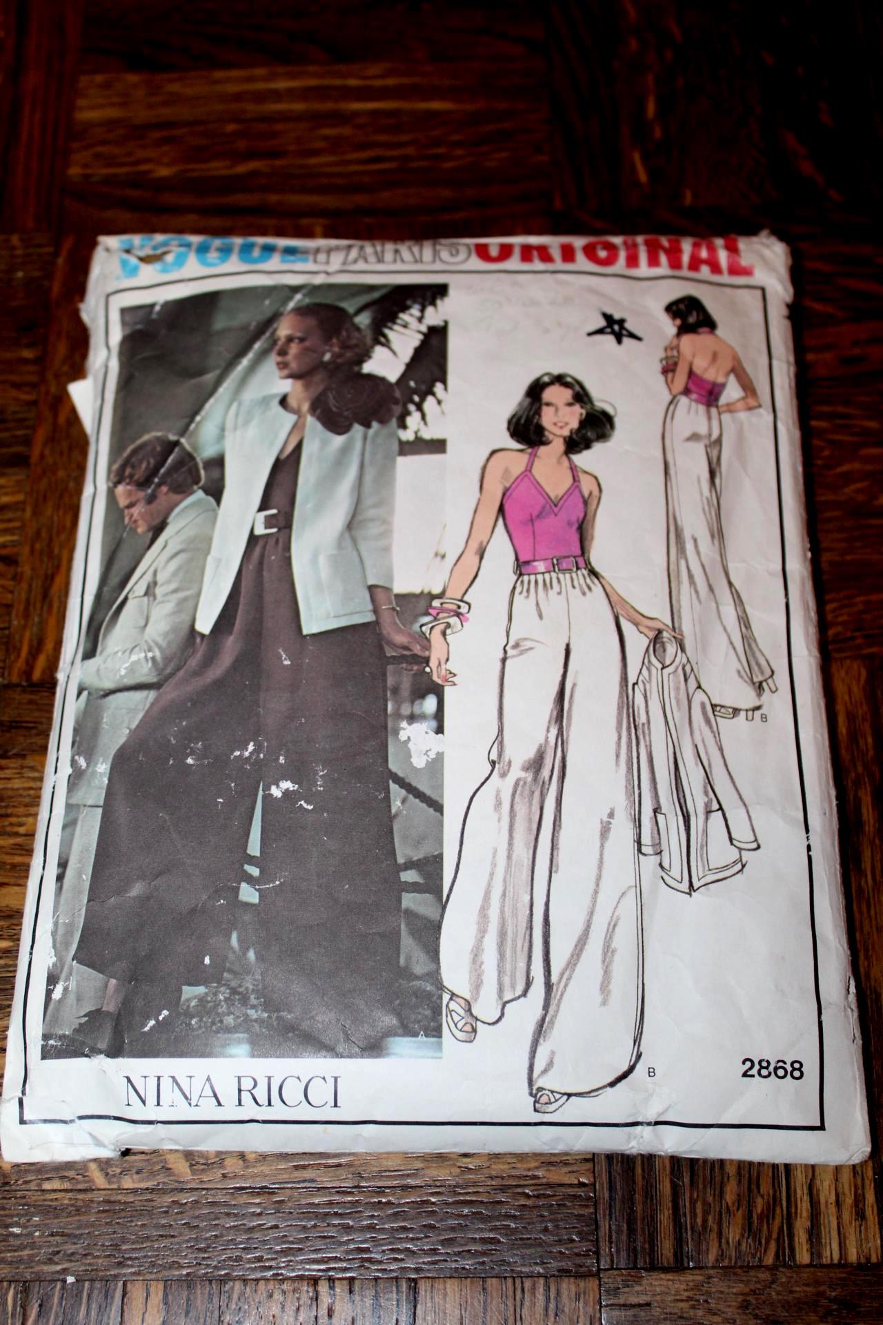 Nina Ricci, Vintage Vogue Paris Original Nina Ricci 2868 1970s 70s Loose Fitting Cardigan Box Jacket and Wide-legged Halter Pantdress Pattern