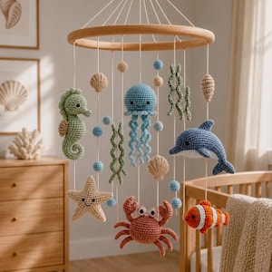 Crochet Ocean Nursery Mobile, Handmade Baby Crib Mobile Decor, Sea Animal Baby Mobile, Under the Sea Nursery Decor, Baby Shower Gift
