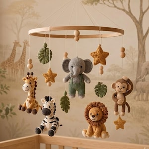 Crochet Baby Mobile, Safari Nursery Decor, Jungle Animal Crib Mobile, Elephant Giraffe Lion Monkey Mobile, Baby Shower Gift