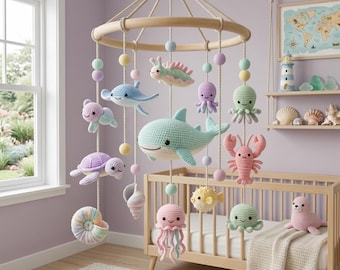 Gehaakte zeedier wieg mobiel voor kinderkamer, pastel walvis kinderkamer mobiel, oceaan thema babydecor, onder de zee babyshower cadeau