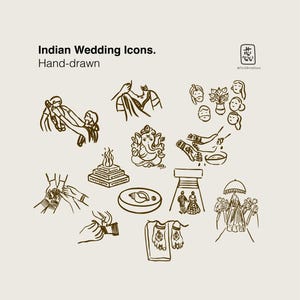 13のユニークな南インド北インドの伝統的なヒンドゥー教の儀式の結婚式プログラムアイコンイラスト手描きミニマルデジタルカスタム花嫁