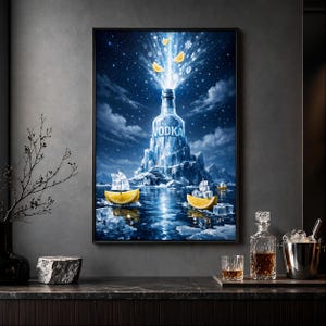 May include: A framed art print depicts a vodka bottle-shaped iceberg with the word "VODKA" on it. Lemon slice boats sail on the water. The sky is a dark blue with stars and light beams emanating from the bottle.