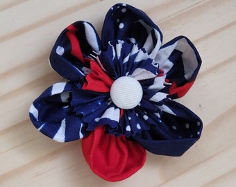 3' inch Fabric Flower Kanzashi, Ankara, Red, White and Blue fabric Print