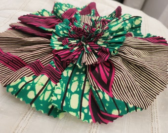 8 Inch Large Fabric Flower Pin Ankara Print Green Black Dark Red