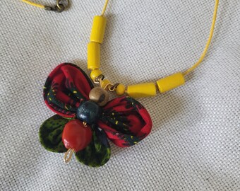 Nature Love Fabric Butterfly  Pendant Yellow Cord Necklace - with Seeds and Wood -