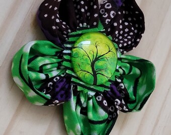 2 1/2 inch Ankara Fabric Flower Pin - Vibrant  Green Purple Brown